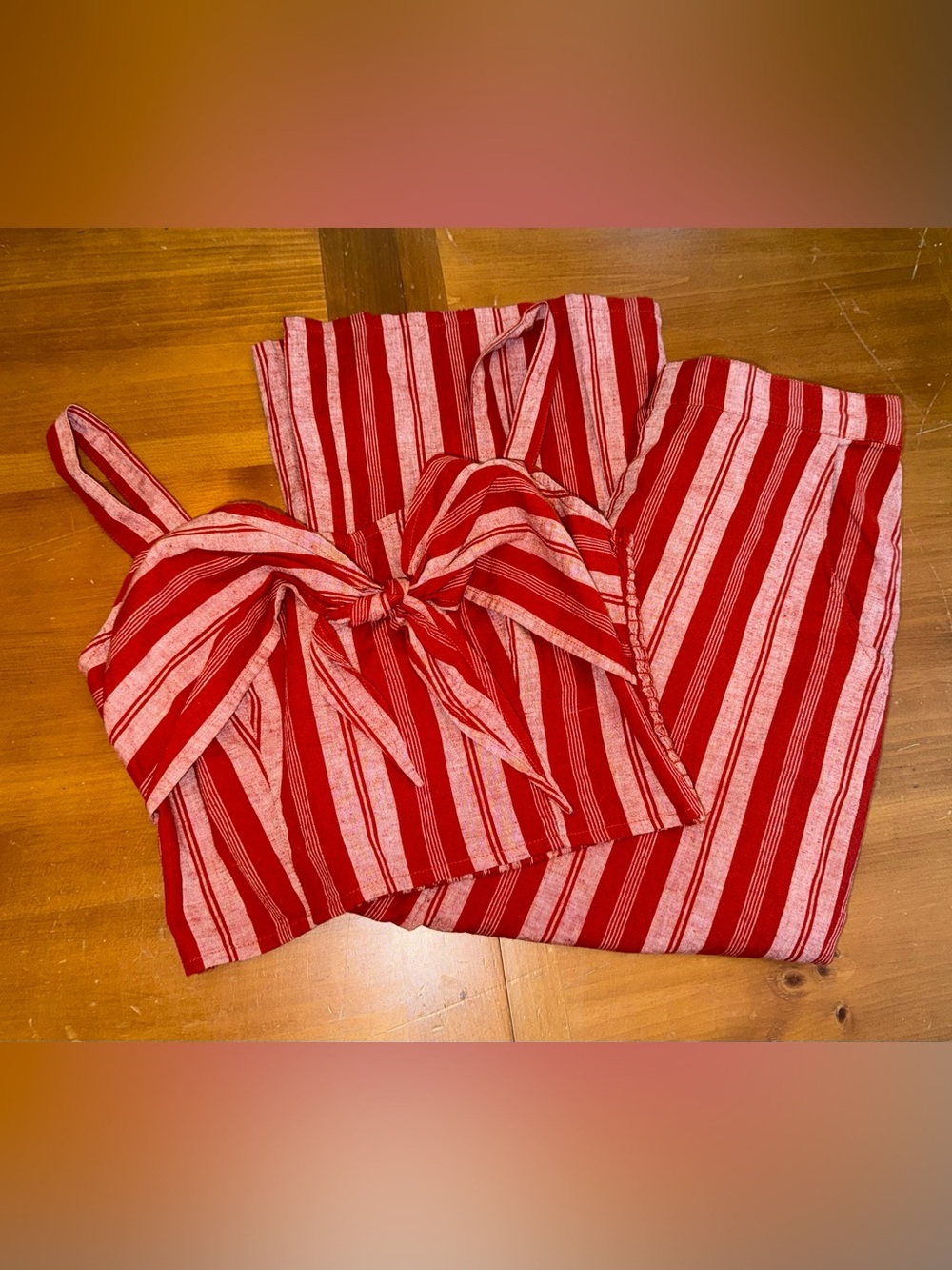 Summer Crop Top Smocked Wide Leg Pant Set M Linen Resort Red Pink Strip Euro